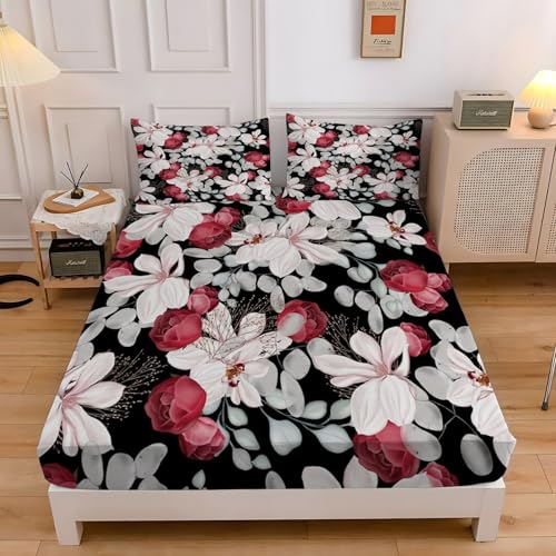 Sabana Bajera 90x190 CáRtamo Sabanas Bajeras Estampadas Hojas De PláTano Sábana Bajera Ajustable Suaves, Elastico Funda Colchon con 2 Funda Almohada 50x80 cm, para Colchón de 30cm de Altura