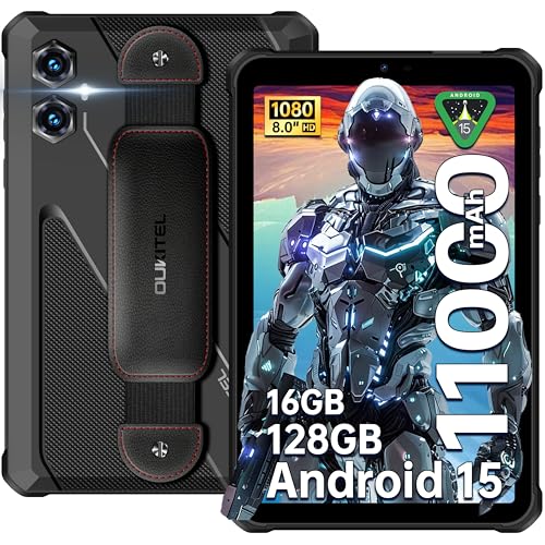 OUKITEL RT3 Plus Rugged Tablet - Android 15, 8 Inch, 128GB+16GB, 11000mAh 18W Charger, IP68 Waterproof Tablet with Sim Card Slot, 16MP+8MP Dual 4G SIM, 5G-WiFi, NFC, OTG, Black