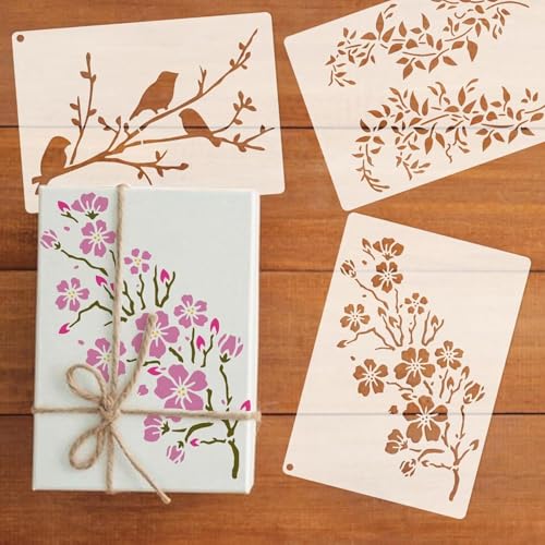 Image of Wildflower Stencils for Painting on Wood, Vine Cherry Blossom Bird Tree Leaf Stencils for Crafts Reusable Wood Burning Drawing Art Paint and Patterns for Wall Cake Cookie (13 Spring A5) (Wild flower)