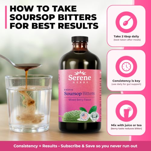 Image of Serene Herbs Soursop Bitters Liquid with Soursop Leaves for Gut Cleanse, Detox & Immune Boost with Black Seed, Moringa, Irish Moss, Ashwaganda, Turmeric,(16 Fl Oz (Pack of 1), Mixed Berry)