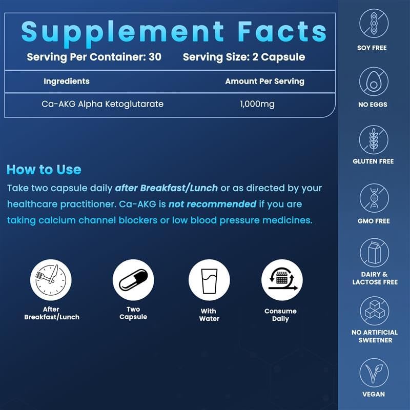 Ca-AKG Alpha Ketoglutarate, 1000 mg. Promotes Healthy Aging and Cellular Health. 60 Vegan Capsules - Image 6