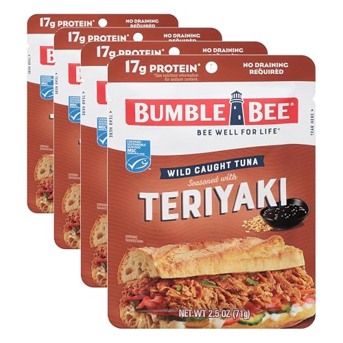 Image of Bumble Bee Teriyaki Seasoned Tuna Pouch - Wild Caught and Ready to Eat for Snack, Salad, Korean Tuna Bowl - 17g Protein per Serving - PERFECT, PORTABLE, GOODNESS - 2.5 oz Packet (Pack of 4)