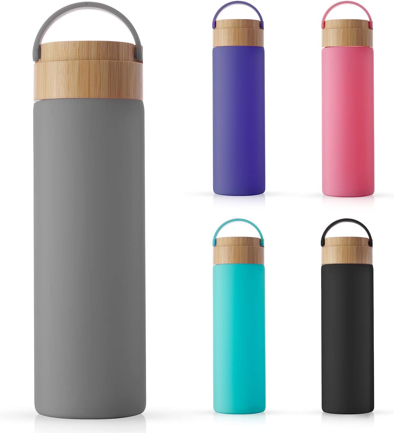 JoyJolt Borosilicate Glass Water Bottle with Strap, Silicone Sleeve and Lid (Grey). 20oz Clear Glass Tumbler, Reusable for Water, Juice, Smoothies. Dishwasher Safe