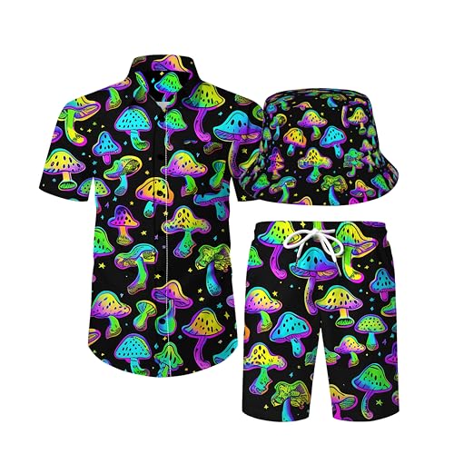 COCYPAN 18 Mushroom Outfit Mens Rave Outfit Mushroom Shirt Hawaiian Shirts And Shorts Set Matching Shirt And Shorts Set 18-S Small