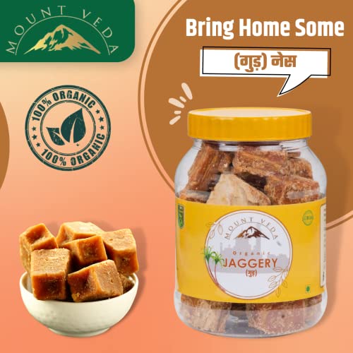 Image of Mountveda Pure and Organic Jaggery Cubes /Finest Sugarcane Desi Gud,Karupatti,Mittai,Bellam,Thati,Gur,Bella /Natural Handmade Jaggery Block for Sweetener /Iron & Protein & Nutrient Rich Jaggery - 900 gms