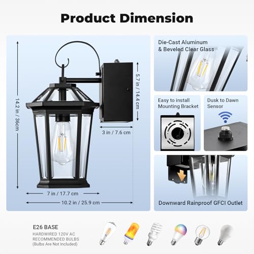 Image of Gleamz Black Dusk to Dawn Outdoor Light with GFCI Outlet, Aluminum