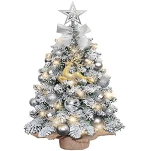 Mini Flocked Christmas Tree with Lights 2ft Small Tabletop Tree with 24pcs DIY Decorations LED Lights for Indoor Holiday Decor