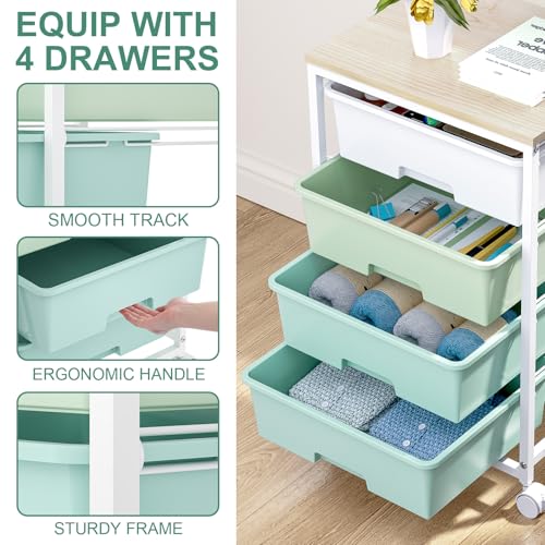 Utility Cart with 4 Drawers,Rolling Storage Cart with Drawers,Storage Rolling Drawer Cart with Wooden Tabletop for Bedroom,Kid's Room,Dorm,Classroom,Office,Green - Image 5