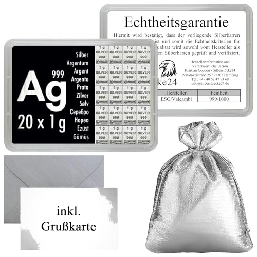 Silberbarren in Motivbox Feinsilber 999 mit Echtheitsgarantie - CombiBar - Geschenkfertig mit Geschenkbeutel & Grußkarte verschiedene Größen wählbar - Silberstücke24 (20g Silber)