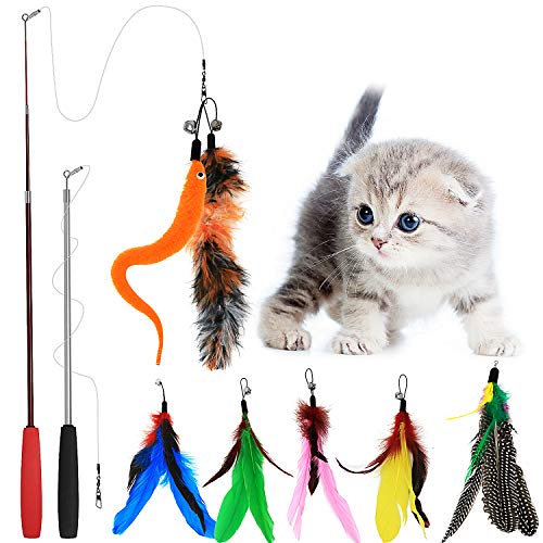 Tacobear 2 Piece Retractable Interactive Teaser Cat Wand 7 Refills Feathers, Cat Feather Toys for Cat