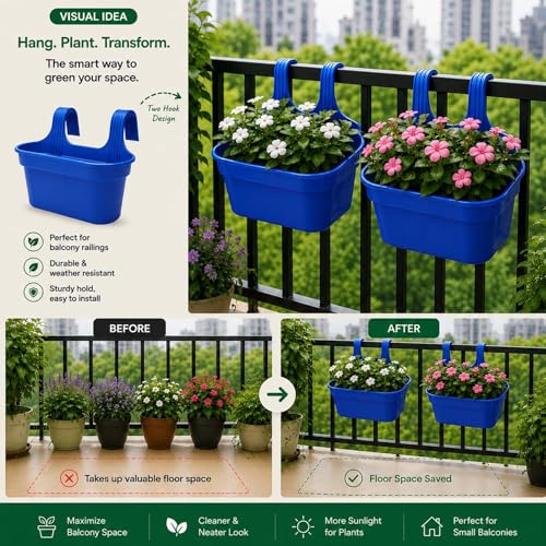 Image of Go Hooked 12 Inch Plastic Railing Hanging Planter Pot Set of 5 | Rectangular Flower Pots with Double Hook for Garden Fence Balcony Indoor Outdoor Home Decor | Durable Plant Container (Blue)