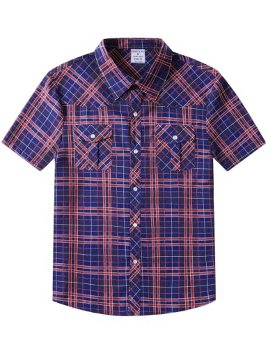 Image of COSLAND Boy's Toddler Cotton Western Short Sleeve Button Down Plaid Shirt, 4-14 Years