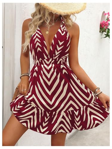 Image of SweatyRocks Women's Printed Tie Backless Mini Dresses Ruffle A Line Sleeveless Low Cut Halter Dress