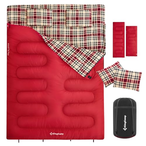 KingCamp Double Sleeping Bag for Adults, Queen Size 2 Person XXL Flannel Sleeping Bag, Waterproof Lightweight Flannel Quilt with 2 Pillows, Perfect for Couples Family Camping Hiking, Red