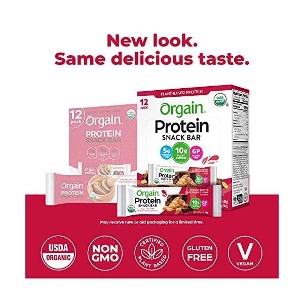 Orgain Organic Vegan Protein Bars, Peanut Butter Chocolate Chunk - 10g Plant Based Protein, Gluten Free Snack Bar, Low Sugar, Dairy Free, Soy Free, Lactose Free, Non GMO, 1.41 Oz (12 Count)