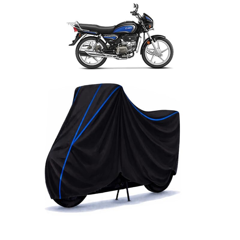 Image of Hero Splendor BS6 Bike Cover Water Resistant Universal Motorcycle Rain | Heavy Duty UV Protection, Dust, Scratch Indoor Outdoor All Weather with Black Blue Piping Elastic