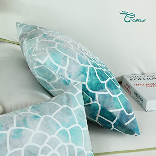 Pack Of 2 Calitime Cozy Fleece Throw Pillow Cases Covers For Couch Bed Sofa Manual Hand Painted Print Colorful Dahlia Compass 18 X 18 Inches Teal #TOP4