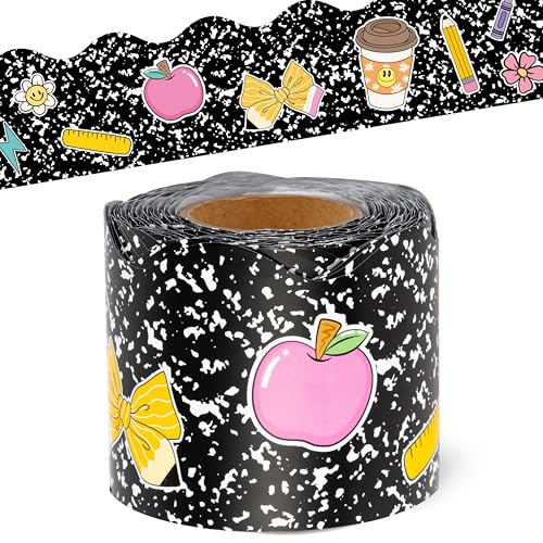 Image of BeYumi Composition Rolled Border Trim - 65ft Back to School Composition Pencil Bow Scalloped Rolled Border Trim Ruler Apple Bulletin Board Set School Classroom Office Chalkboard Party Holiday Decor