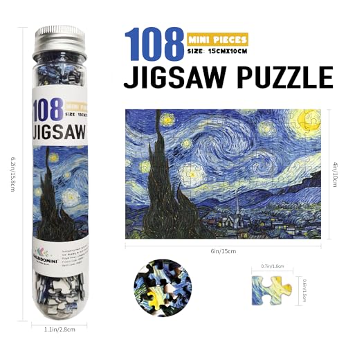 Rompecabezas Kaleidomini de 108 piezas para adultos - Serie de pinturas al óleo de Van Gogh (La noche estrellada, Floración de almendros, Noche estrellada sobre el Ródano), 3 paquetes, rompecabezas miniatura de 6 x 4 pulgadas miniatura 3