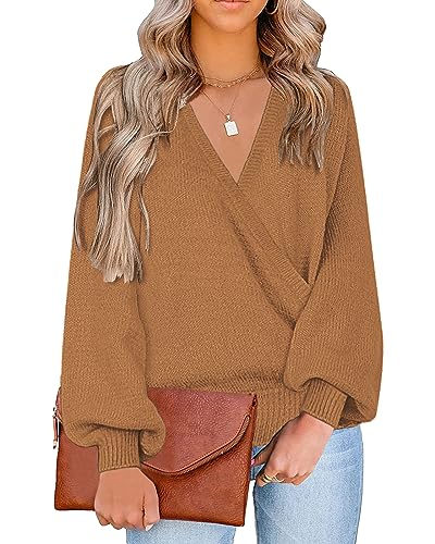 Image of LookbookStore Women's Knit Long Sleeve Faux Wrap Surplice V Neck Sweater Top