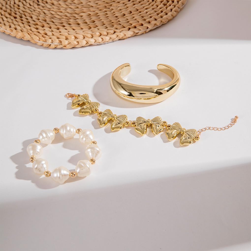 GIGB PBDK Chunky Gold Round Cuff Bracelet Set for Women Exaggerated Bow Pearl Beaded Stacking Bracelets Adjustable Geometric Christmas Statement Jewelry - Image 3