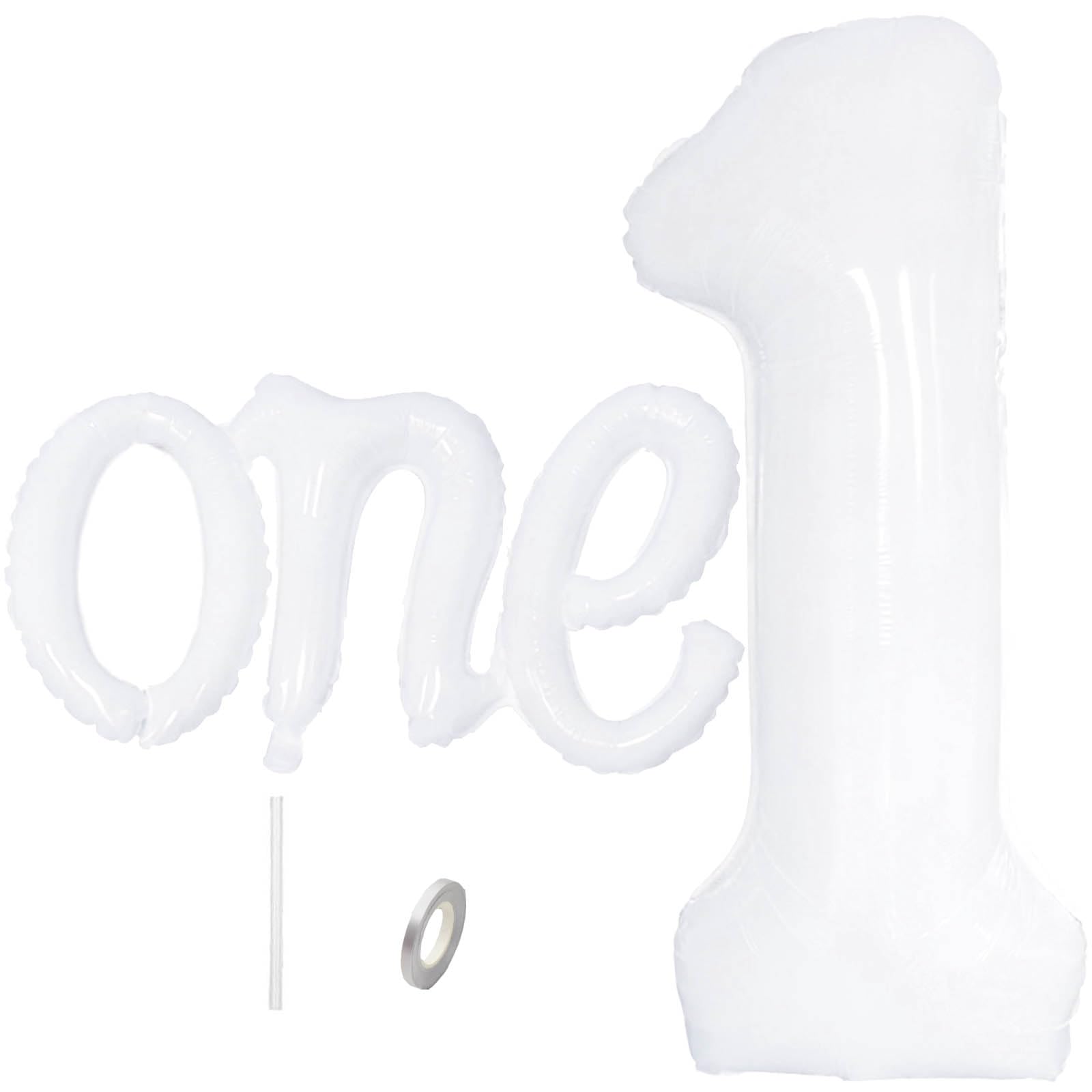 2Pcs White One Balloon Set, 40inch Large Nylon White Number 1 Balloon and 26inch Script Letter One Banner for Boy or Girl 1st Birthday Decorations