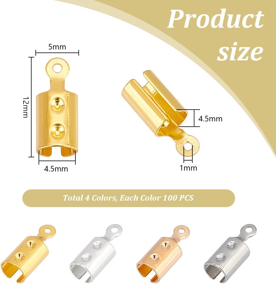 PH PandaHall 400Pcs 4 Colors Fold Over Ends Iron Cord Ends 4.5mm Terminators Crimp End Tips for Leather Ribbon Clamps Covers Rope Clips Fasteners Clamps for Bracelet Jewelry DIY Craft Making