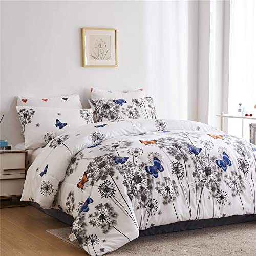 Urlinens Reversible Queen Comforter Set, Bed In A Bag Queen 7 Pieces, Floral Butterfly Hearts Bedding Set, Soft Microfiber Grey Dandelion On White Bed Set With Comforter, Sheets And Pillowcases #TOP2