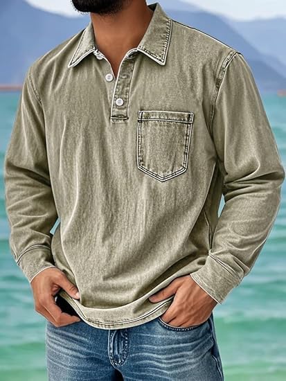 Mokaloha Mens Long Sleeve Shirts, Pacificozy Men's Retro Distressed Lapel Stand Collar Pocket Casual Long-Sleeved Shirt4