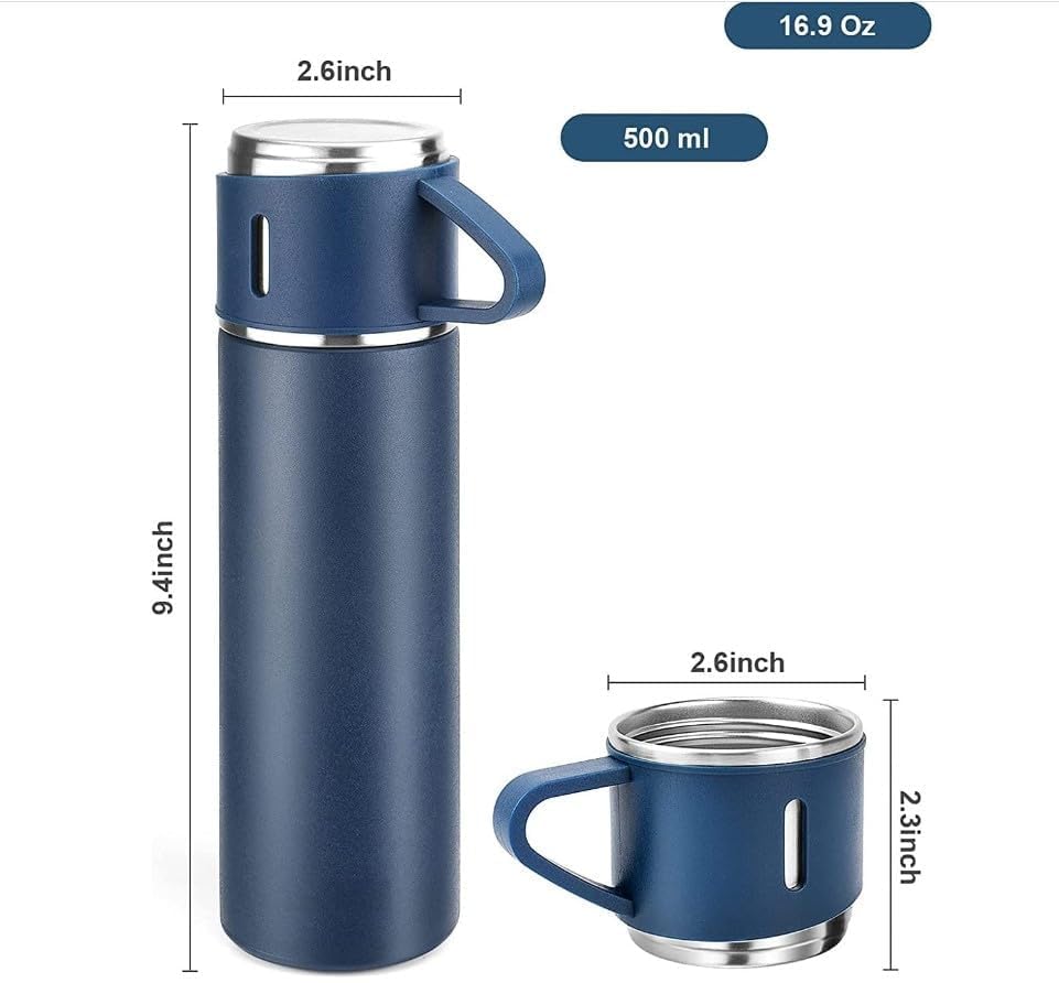 Image of Double Wall Stainless Steel Thermo 500ml Vacuum Insulated Bottle Water Flask Gift Set with Two Cups Hot & Cold Diwali Gifts for Employees Corporate Gift Items (Blue*)(Multi Colour)