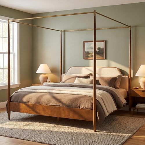 Merax King Fleece Fabric Upholstered Canopy Bed Frame Brown + Off White