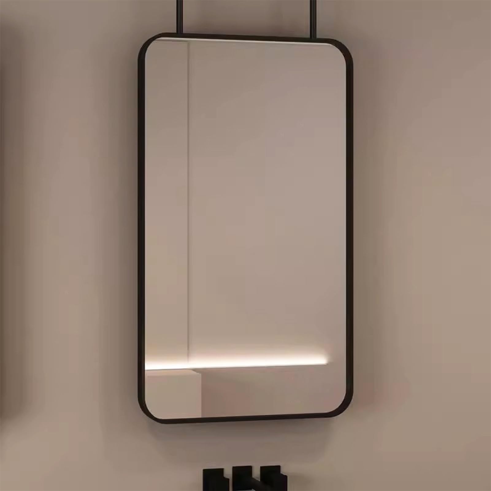 SBCGFY Decorative WallMounted Mirror Floating Bathroom Mirror with Adjustable Ceiling Arm HD Glass Black Metal Frame Rounded Square Corners Perfect for Vanity & Home Decor.(40cmx60cm)
