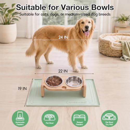 Image of 22x19 Pet Feeding Mat Waterproof Nonslip Cats and Dogs Water Bowl Mat | Silicone 0.59 inch Raised Edges Contain Food & Water Spills, Easy To Clean, Bpa-Free, Reinforced To Resist Collapse,Light Green