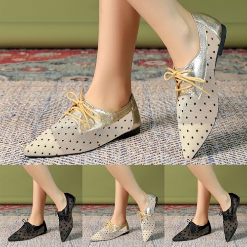 Women's Mesh Polka Dots Dress Shoes Slip On Lace Up Breathable Pointed Toe Casual Flats Fashion Comfortable Lightweight Low Top Non-Slip Soft Soled Flat Ballet Shoes for Office Party4