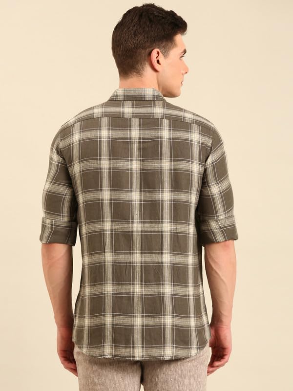 Image of Linen Club Men's Pure Linen Checked Contemporary Fit Full Sleeve Casual Shirt