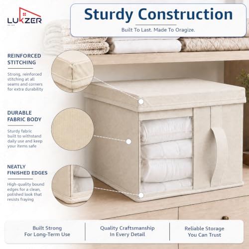 Image of Lukzer 1 PC Wardrobe Organizer for Clothes, 20L Foldable Non-Woven Fabric Storage Box with Lid, Clear Window & Front /Back Handles | Almirah Cupboard Organizer for Jeans, Sweaters & Sarees - Beige