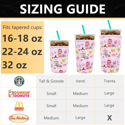 Image of YR Reusable Neoprene Insulator Sleeve for Iced Coffee Cups, 3 Pack Coffee Coolies sleeves for Iced & Hot Drinks, Cold Beverage Cooler Compatible with Cold Soda and More (Ghost & Book)