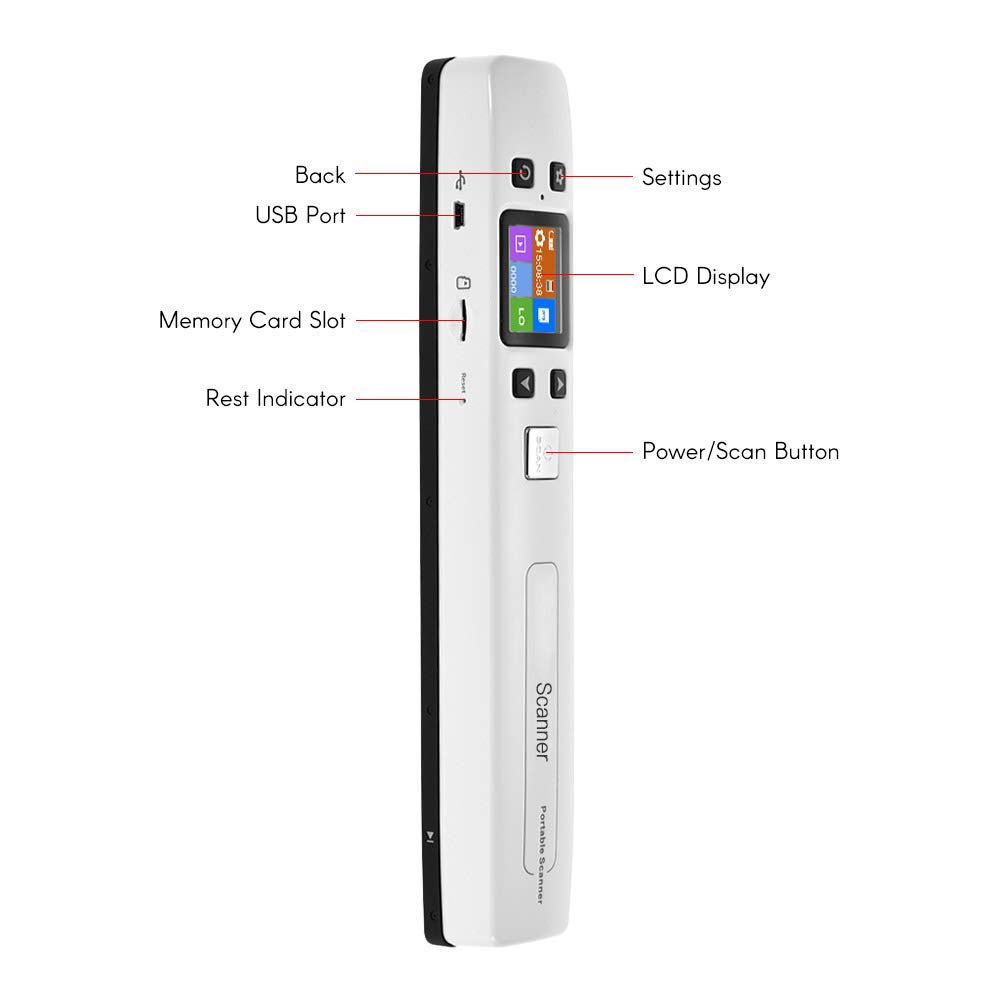 Scanner portatile a bacchetta con display LCD a scansione ad alta velocità da 1050 DPI Formato PDF JPEG per documenti, libri, ricevute, uso aziendale in ufficio