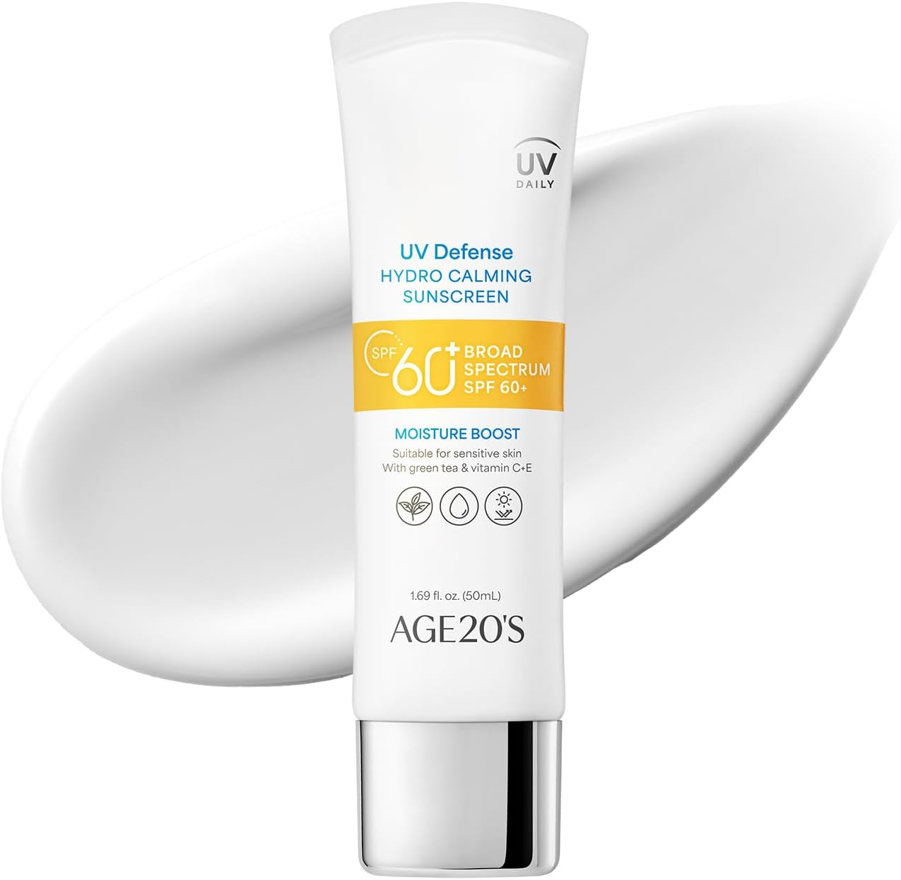 AGE20'S UV Defense Hydro Calming Sunscreen SPF 60+ | Korean Sunscreen | Moisturizing Creamy Formula, No White Cast, Lightweight Finish | Green Tea + Aloe Vera | Dermatest Excellent | 1.69 fl.oz*1