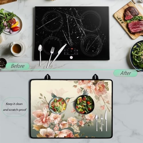 Image of Poceacles Ceramic Glass Stove Top Cover Stove Mat Stove Burner Cover Multipurpose Rubber Desk Saver Pad Washer Dryer Top Cover Range Cover for Counter Top, Hummingbird Flower
