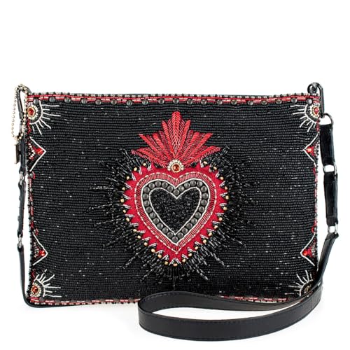 Mary Frances Soul Searcher Beaded Crossbody Handbag with Red Embroidered Heart Novelty Evening Purse Bag, Black