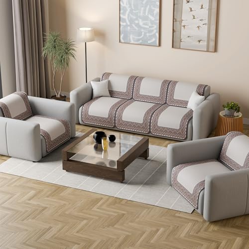 Image of Kuber Industries 5 Seater Sofa Cover | Slipcover for Living Room | Thick & Cozy | Non-Slip Comfort Sofa Cover Set | Paradise Diamond 1372 - Cream & Purple