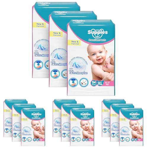 Image of Amazon Brand - Supples Premium Baby Diaper Pants | 162 Baby Diapers | XL | 12-17 Kg | 54 x 12 Packs | 12 Hrs Absorption | Cushiony Cotton Soft Fabric | Phthalates-Free | Triple Leak Guard