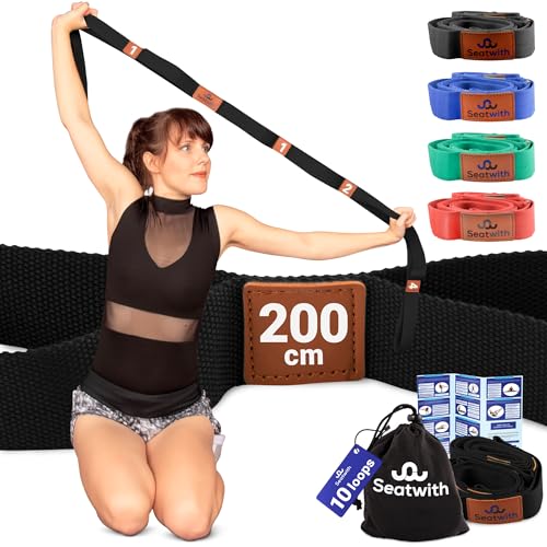 Seatwith Cinturon Yoga con Loops - Correa Yoga para Estiramientos con 10 Anillos - 200 x 4 cm - Bolsa de Viaje + Instrucciones - Accesorios Yoga, Pilates, Fisioterapia, Fitness - Negro