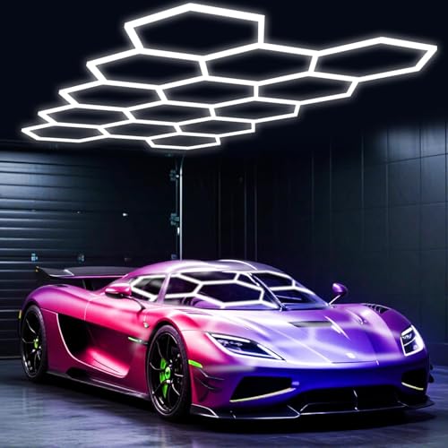 Hexagon LED Garage Lights, Honeycomb Ceiling Light, 456W, 6500K Super Bright, 4.1 X2.4m 14 Grid Systems Car Detailing Lights for Garage Warehouse Workshop Basement Gym Shopping malls (14 HEX)