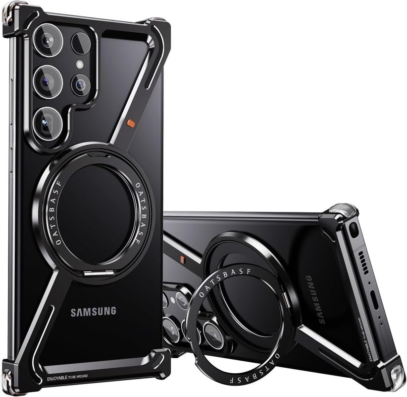 Image of Z Shaped Metal Frameless 360 Rotatable Ring Metal Bumper Case with Kickstand for Samsung Galaxy S25 Ultra Case Compatible with Wireless Charging | Luxury Aluminum Armor (Black)