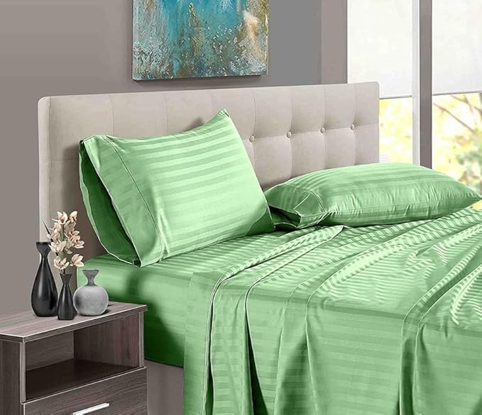 100% Egyaption Cotton 3 PCS Bed Sheet(1 Flate Sheet + 2 PCS Pillow Cover) Soft & Silky 400 Thrad Count Luxuries 5 Star Hottel Quality Fabric 4 by 6 Feet Size Sage Stripe.