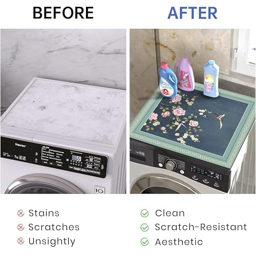 Image of Yellow Weaves Washer & Dryer Cover for Top, 60 x 60 cm, Washing Machine Top Protector Mat for Kitchen /Laundary Room, Water Absorbing, Dustproof, Scratch Resistant & Non-Slip (Floral Blue)
