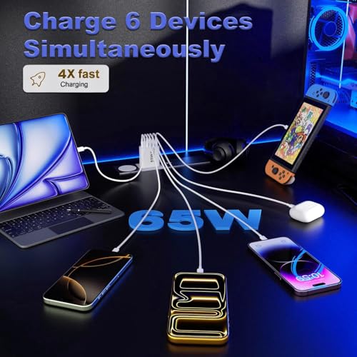 Image of 65W USB C Charger Block,3Pack 6-Port Type C Fast Phone Charging Block Cube PD Multiport USB C Power Adapter+QC 3.0 USB A Wall Plug for Apple iPhone 17 /16 /15 /14 /13 /12 /11 Pro Max /Plus /Air,iPad,Galaxy