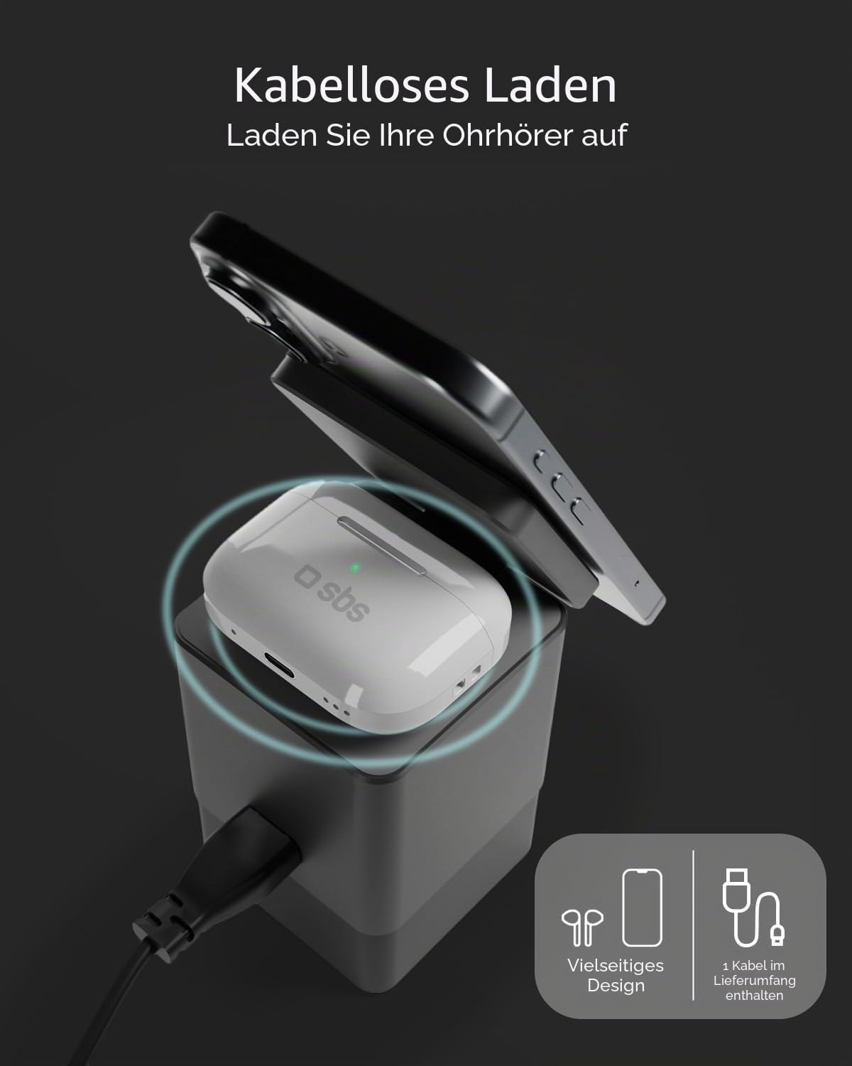SBS Power Dock 6in1 100W USB-C, Kabelloses Laden 15W, MagSafe-kompatibel, Power Delivery (PD 3.0 PPS), Ladestation mit 2X Einziehbarem Kabel, Netzteil für Notebook, iPhone, AirPods, Schwarz | Power Delivery (PD 3.0 PPS), Ladestation mit 2 einziehbaren Kab